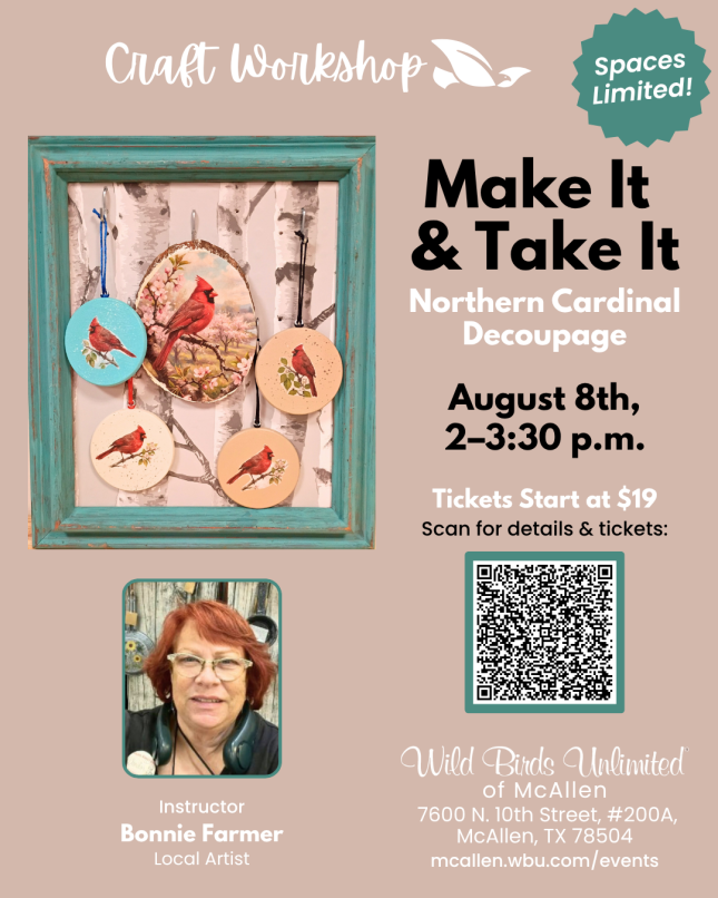 Make it & Take It: Northern Cardinal Decoupage | In-Store | 2–3:30 pm. Aug. 8