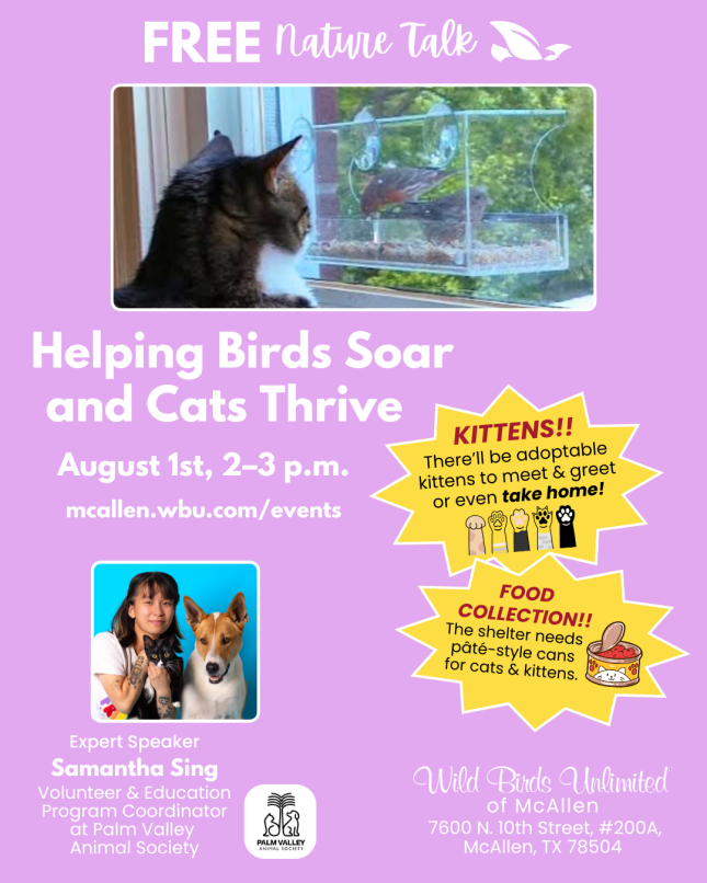 Free Talk: "Helping Birds Soar and Cats Thrive" | In-Store | 2–3 pm. Aug. 1