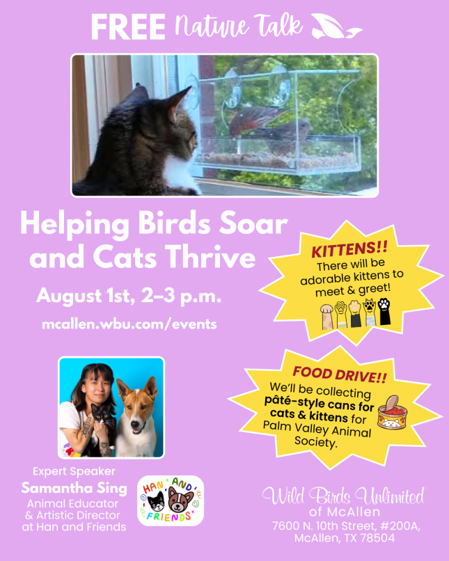 Free Talk: "Helping Birds Soar and Cats Thrive" | In-Store | 2&ndash;3 pm. Aug. 1